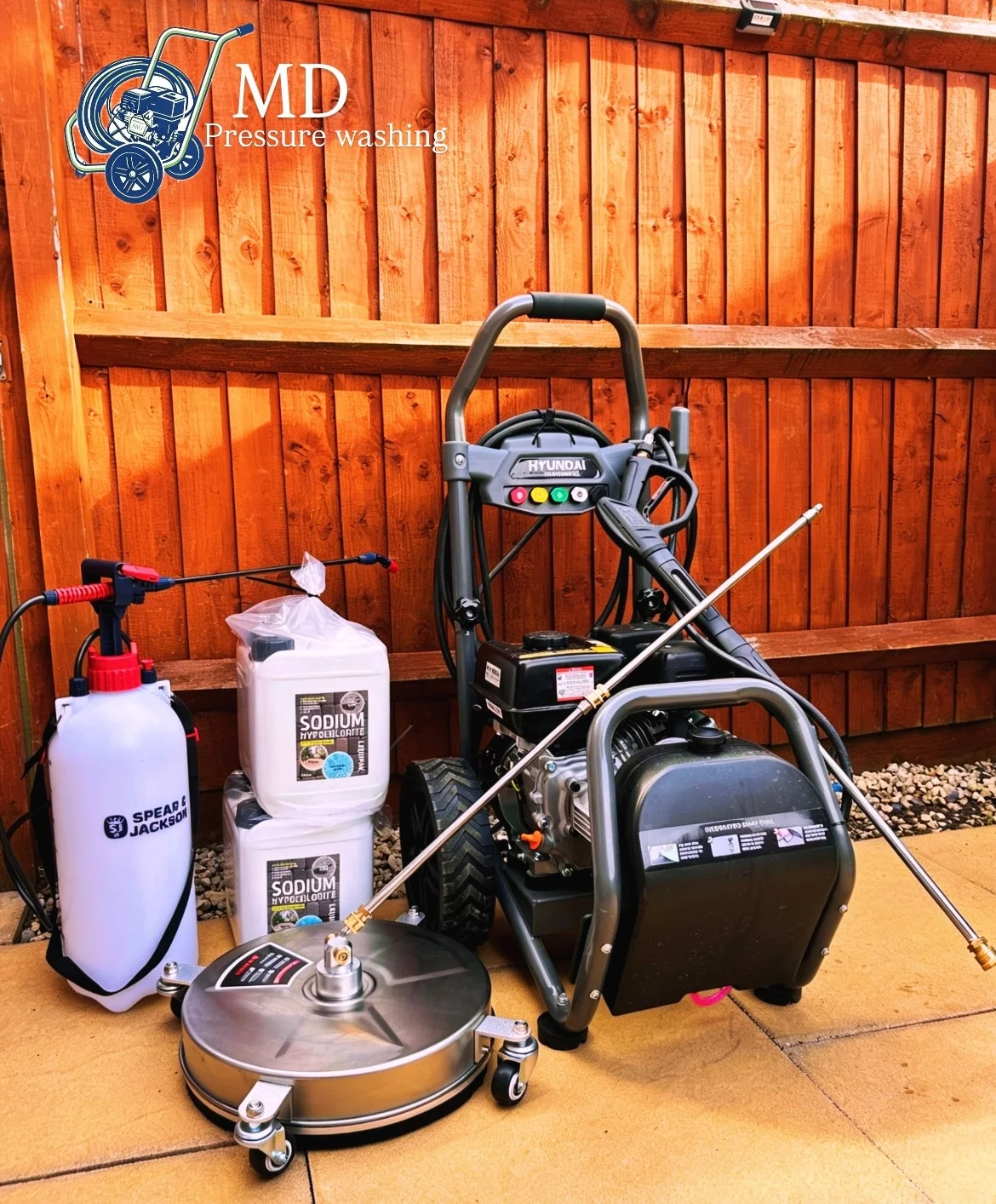 Petrol pressure washer, rotary surface cleaner and gardening equipment loaded up for a job in Derby